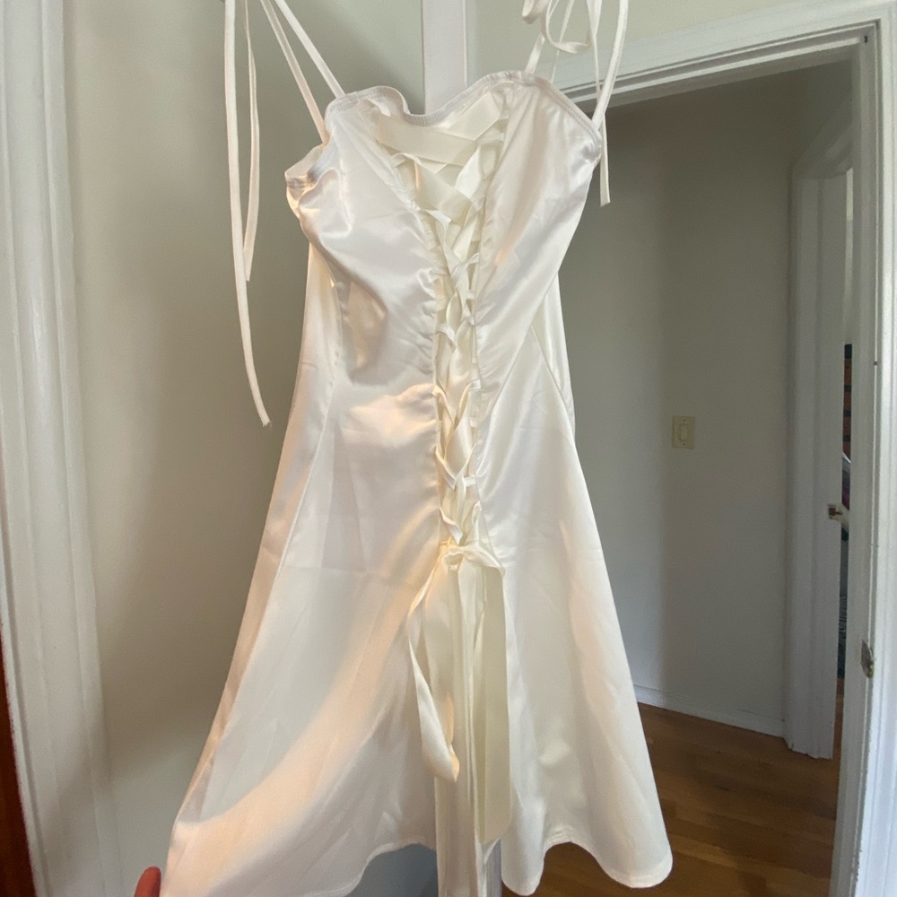 ARE YOU AM I Ivory Satin Lace-Up Mini Dress